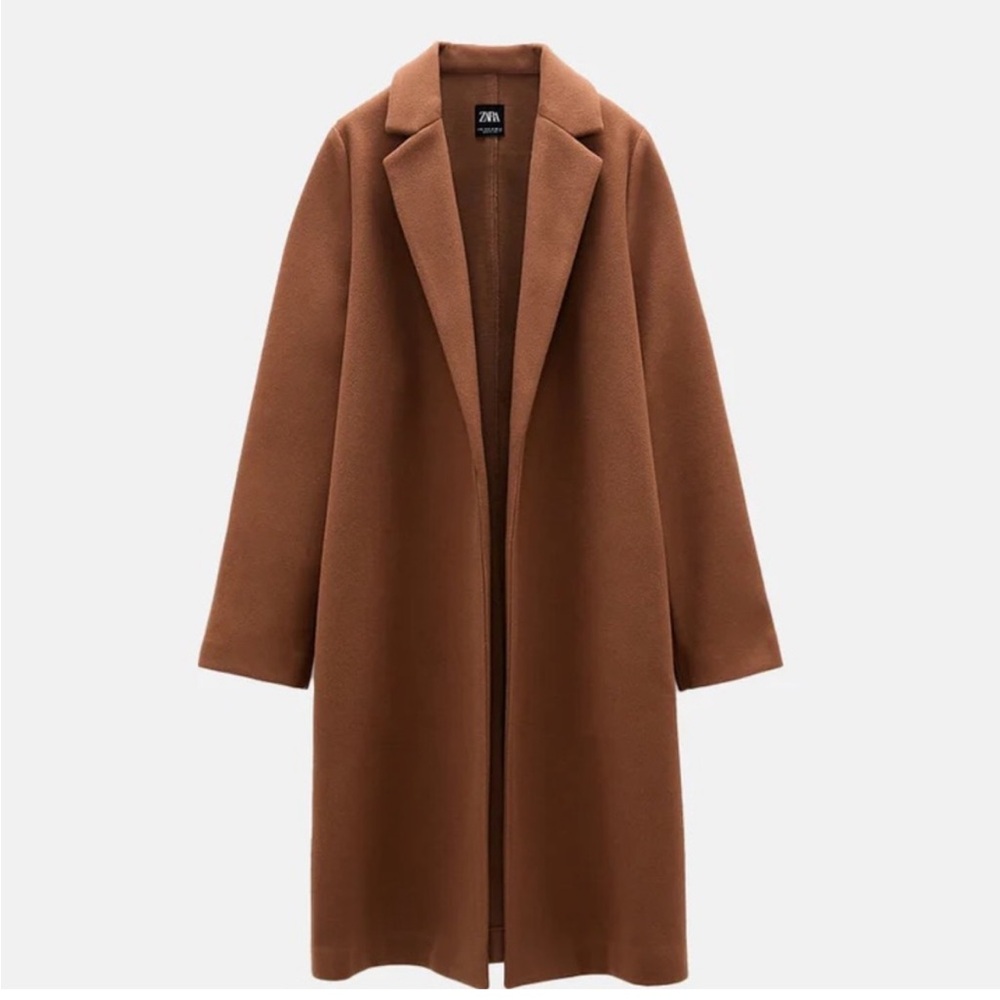 Zara Women's Camel Coat Open Front Lapel Collar - Large - Picture 6 of 7